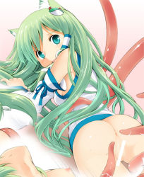 Rule 34 | 1girl, animal ears, ass, bar censor, bare shoulders, bottomless, breasts, cat ears, cat girl, censored, detached sleeves, female focus, frog hair ornament, green eyes, green hair, hair ornament, hair tubes, kemonomimi mode, kochiya sanae, long hair, looking back, matching hair/eyes, md5 mismatch, nipples, open mouth, pussy, resolution mismatch, seminoyu, small breasts, solo, source larger, tentacles, touhou