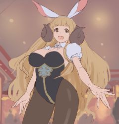 Rule 34 | 10s, 1girl, :d, anila (granblue fantasy), animal ears, black pantyhose, blonde hair, breasts, brown eyes, cleavage, draph, fake animal ears, female focus, gradient background, granblue fantasy, horns, large breasts, leotard, long hair, masato (mirai koubou), open mouth, pantyhose, playboy bunny, puffy short sleeves, puffy sleeves, rabbit ears, sheep horns, short sleeves, smile, solo, very long hair