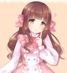 Rule 34 | 1girl, blush, border, bow, brown background, brown eyes, brown hair, caramel (caramelmilk), closed mouth, collared shirt, commentary request, dress, frilled dress, frills, hair bow, hand up, heart, index finger raised, lace, lace border, long hair, long sleeves, original, ornate border, pink bow, pink dress, puffy long sleeves, puffy sleeves, shirt, sleeveless, sleeveless dress, smile, solo, very long hair, virtual youtuber, white shirt