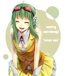 Rule 34 | 1girl, bad id, bad pixiv id, closed eyes, female focus, goggles, goggles on head, green hair, gumi, hinase kanoto, leaning forward, smile, solo, vocaloid