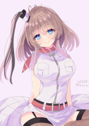 Rule 34 | 1girl, absurdres, anchor, belt, blue eyes, breast pocket, breasts, brown hair, brown thighhighs, dress, garter straps, gradient background, hair between eyes, hair ornament, highres, hizaka, impossible clothes, kantai collection, large breasts, looking at viewer, neckerchief, pink background, pocket, ponytail, red neckerchief, saratoga (kancolle), side ponytail, signature, sitting, smokestack, smokestack hair ornament, solo, thighhighs, twitter username, white dress