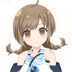 Rule 34 | 1girl, ahoge, assault lily, bare shoulders, braid, brown eyes, brown hair, closed mouth, commentary request, detached sleeves, flower, frilled sleeves, frills, gradient background, hair flower, hair ornament, hand up, highres, japanese clothes, long sleeves, looking at viewer, low twin braids, low twintails, medium hair, official alternate costume, piatin, portrait, rokkaku shiori, shirt, sleeveless, sleeveless shirt, sleeves past wrists, smile, solo, twin braids, twintails, twitter username, white background, white footwear, white shirt, wide sleeves, yellow background