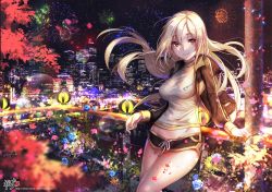 Rule 34 | 1girl, artist name, blonde hair, blue flower, blue rose, breasts, building, city, city lights, cityscape, closed mouth, cowboy shot, drawstring, fireworks, floating hair, flower, groin, hair between eyes, hood, hood down, hooded jacket, jacket, kyjsogom, legs together, long hair, long sleeves, looking at viewer, medium breasts, night, night sky, original, petals, red eyes, rose, scenery, shirt, short shorts, shorts, sky, skyscraper, smile, solo, star (sky), starry sky, striped clothes, striped shirt, tree, watermark, web address, wind