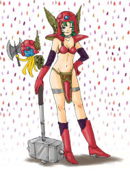 Rule 34 | 1girl, armor, axe, bikini armor, boots, breasts, chunsoft, cleavage, cosplay, curly hair, detached sleeves, dragon quest, dragon quest iii, dragon quest iv, enix, gloves, green hair, hammer, hand on own hip, healslime, helmet, heroine (dq4), hip focus, nao (moji), one eye closed, purple eyes, red armor, shield, short hair, small breasts, soldier (dq3), soldier (dq3) (cosplay), solo, weapon, wink