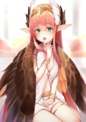 Rule 34 | 1girl, blue eyes, blurry, blurry background, blush, bracelet, brown wings, circe (fate), commentary request, depth of field, dress, fate/grand order, fate (series), feathered wings, fingernails, head wings, highres, jewelry, long hair, looking at viewer, maosame, mouth hold, nail polish, navel, necklace, parted lips, pink hair, pink nails, pointy ears, sitting, skirt, sleeveless, sleeveless dress, solo, white dress, white skirt, wings, yokozuwari