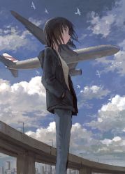 Rule 34 | 1girl, aircraft, airplane, bird, black eyes, black hair, building, city, cityscape, denim, feet out of frame, hands in pockets, highres, highway, hood, hood down, hoodie, jeans, lamppost, long sleeves, medium hair, open clothes, open hoodie, original, outdoors, pants, shirt, smile, solo, tokunaga akimasa, white shirt