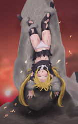 Rule 34 | 1girl, black serafuku, black thighhighs, blonde hair, closed eyes, commentary request, crescent, crescent pin, full body, kantai collection, long hair, necktie, panties, restrained, rock, sasakura (calicchio), satsuki (kancolle), school uniform, serafuku, solo, sunset, tears, thighhighs, torn clothes, twintails, underwear, upside-down, white necktie, white panties