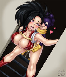 Rule 34 | 1boy, 1girl, aaaninja, black eyes, black hair, boku no hero academia, breasts, clothed sex, clothes, cum, cum in pussy, doggystyle, ejaculation, gloves, heart, heart-shaped pupils, hetero, highres, large breasts, long hair, mineta minoru, open mouth, ponytail, sex, sex from behind, size difference, smile, superhero costume, symbol-shaped pupils, tongue, tongue out, vaginal, yaoyorozu momo