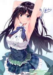 Rule 34 | 1girl, absurdres, arm behind head, armpits, arms up, artist name, black hair, blue bow, blush, bow, bowtie, breasts, buttons, closed mouth, dress, frilled skirt, frills, gradient background, hair ornament, highres, lips, long hair, looking at viewer, medium breasts, purple eyes, scan, short dress, shunichi, signature, simple background, skirt, sleeveless, solo, twitter username, x hair ornament
