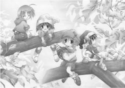 Rule 34 | 4girls, ass, blush, boots, fairy, flat chest, food, fruit, gloves, hat, kso, multiple girls, open mouth, original, shorts, smile, tree