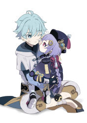 Rule 34 | 1boy, 1girl, black footwear, blue eyes, blue hair, braid, chinese clothes, chongyun (genshin impact), closed mouth, commentary request, crossed legs, fingerless gloves, gem, genshin impact, gloves, hair between eyes, hair ornament, hat, highres, holding, holding person, hood, light blue hair, long sleeves, looking at another, on ground, one eye closed, orb, purple eyes, purple hair, qiqi (genshin impact), shimanakao (shimanaka sushi), short hair, short hair with long locks, simple background, sitting, size difference, white background, wide sleeves, yin yang, yin yang orb