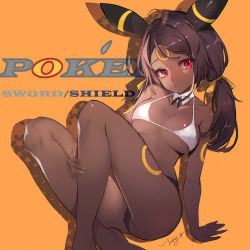Rule 34 | 1girl, animal ears, arm at side, bare shoulders, bikini, black bikini, blush, breasts, brown hair, closed mouth, collarbone, commentary request, copyright name, covered erect nipples, creatures (company), dark-skinned female, dark skin, detached collar, eyelashes, fingernails, game freak, gen 2 pokemon, head tilt, highres, jiujiuyatou (yayanzz), knees up, long hair, looking at viewer, low twintails, medium breasts, nail polish, nintendo, orange background, parted bangs, personification, pink eyes, pokemon, sidelocks, simple background, sitting, smile, solo, sports bikini, strap gap, swimsuit, twintails, umbreon, white bikini, yellow nails
