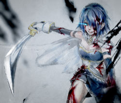 Rule 34 | 10s, 1girl, armband, blood, blood in hair, blood on clothes, blood on face, blue eyes, blue hair, cape, cowboy shot, cuts, female focus, gloves, gradient background, hair over one eye, holding, holding sword, holding weapon, injury, light trail, magical girl, mahou shoujo madoka magica, mahou shoujo madoka magica (anime), matching hair/eyes, miki sayaka, one eye covered, short hair, siyouko, skirt, solo, sword, weapon