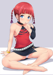 Rule 34 | 1girl, asukagawa chise, bare shoulders, barefoot, black skirt, blue eyes, braid, collarbone, commentary request, detached sleeves, flat chest, food, gridman universe, highres, kanabun, legs, panties, popsicle, red hair, short hair, single detached sleeve, sitting, skirt, solo, ssss.dynazenon, twin braids, underwear, white panties