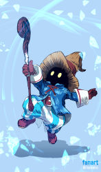 Rule 34 | 1other, arm up, belt, black mage (final fantasy), blue background, brown belt, brown gloves, brown hat, casting spell, english text, final fantasy, final fantasy ix, gloves, hat, highres, holding, holding staff, jumping, magic, rasneko, simple background, solo, sparkle, spell, staff, striped legwear, twitter username, vivi ornitier, yellow eyes