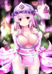 Rule 34 | 1girl, alternate costume, asymmetrical hair, bare shoulders, blush, breasts, bug, butterfly, collarbone, dress, floral print, hair in own mouth, hat, insect, japanese clothes, kimono, large breasts, looking at viewer, no bra, obi, off shoulder, open clothes, open dress, pink dress, pink eyes, pink hair, pink kimono, saigyouji yuyuko, sash, side ponytail, solo, thighhighs, touhou, triangle mouth, white thighhighs, yukata, zettai ryouiki, zheyi parker