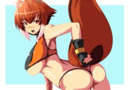 Rule 34 | 1girl, animal ears, antenna hair, arc system works, ass, bent over, blazblue, blazblue: continuum shift, blush, breasts, brown eyes, brown hair, crop top, covered erect nipples, fingerless gloves, from behind, gloves, huge breasts, ky., large breasts, makoto nanaya, multicolored hair, pixiv sample, short hair, skindentation, solo, squirrel ears, squirrel tail, streaked hair, tail, thong, underboob