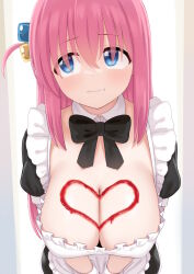 Rule 34 | 1girl, alternate costume, apron, atgsanz (wttoo0000), black bow, black bowtie, black dress, blue eyes, bocchi the rock!, bow, bowtie, breasts, cleavage, clenched teeth, close-up, collar, commentary, cube hair ornament, detached collar, dress, enmaided, food on body, food on breasts, frilled apron, frills, from above, gotoh hitori, hair between eyes, hair ornament, hair over eyes, heart, heart on chest, highres, huge breasts, light blush, long bangs, long hair, looking to the side, maid, one side up, parted lips, pink hair, sanpaku, sauce, short sleeves, solo, teeth, v arms, white apron, white collar, white wrist cuffs, wrist cuffs