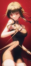 Rule 34 | 1girl, 723/nanahumi, bare shoulders, black dress, black gloves, black hair, breasts, commentary request, dress, earrings, gloves, hair ornament, hairband, highres, holding, holding weapon, jewelry, large breasts, long hair, looking at viewer, red background, red eyes, sidelocks, solo, spy x family, weapon, yor briar