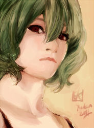 Rule 34 | bad id, bad pixiv id, bra strap, character name, collarbone, dated, eyebrows, green hair, kazami yuuka, lips, looking at viewer, medium request, neck, nose, portrait, red eyes, short hair, simple background, slvtr, solo, touhou, wavy hair