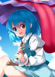 Rule 34 | 1girl, blue eyes, blue hair, blue sky, blue vest, breasts, cloud, cloudy sky, commentary request, happy, heterochromia, highres, holding, holding umbrella, juliet sleeves, long sleeves, medium hair, one-hour drawing challenge, open mouth, puffy sleeves, purple umbrella, red eyes, ruu (tksymkw), sky, small breasts, solo, tatara kogasa, touhou, umbrella, vest