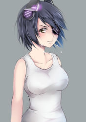 Rule 34 | 10s, 1girl, breasts, eyepatch, headgear, kantai collection, large breasts, personification, purple hair, short hair, solo, suishin tenra, suitenjh, tank top, tears, tenryuu (kancolle), yellow eyes