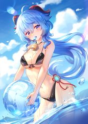 Rule 34 | 1girl, absurdres, ahoge, ball, bare arms, bare shoulders, beachball, bikini, black bikini, blue hair, blue sky, breasts, cloud, day, floating hair, food, front-tie bikini top, front-tie top, ganyu (genshin impact), genshin impact, goat horns, highres, holding, holding ball, horns, lalazyt, long hair, looking at viewer, medium breasts, mouth hold, ocean, outdoors, popsicle, purple eyes, revision, sky, solo, string bikini, summer, swimsuit, very long hair, wading, wet