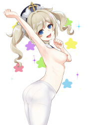 Rule 34 | 1girl, absurdres, arm up, armpits, ass, barbara (genshin impact), blonde hair, blue eyes, blush, breasts, drill hair, from side, genshin impact, hat, highres, long hair, looking at viewer, medium breasts, nenetan, nipples, nude, open mouth, pantyhose, smile, solo, standing, twin drills, twintails, white pantyhose