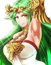 Rule 34 | 1girl, arm behind head, armpits, breasts, green eyes, green hair, highres, kid icarus, large breasts, long hair, looking at viewer, nintendo, palutena, smile, solo, to (tototo tk)
