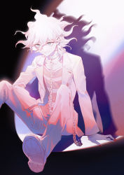 Rule 34 | 1boy, ahoge, chain, chained, collar, collarbone, commentary request, curly hair, danganronpa (series), danganronpa another episode: ultra despair girls, gloves, grey eyes, highres, jacket, knees up, komaeda nagito, long legs, long sleeves, looking at viewer, male focus, medium hair, messy hair, metal collar, monochrome, nail polish, open clothes, open jacket, pants, red nails, servant (danganronpa), shirt, shoes, sitting, smile, solo, striped clothes, striped shirt, xiwang xintu