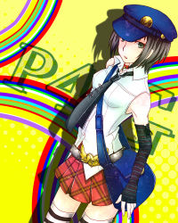 Rule 34 | 1girl, atlus, bag, bare shoulders, belt, belt buckle, buckle, elbow gloves, fingerless gloves, gloves, green eyes, hat, marie (persona 4), messenger bag, necktie, okiku (ghre), persona, persona 4, persona 4 the golden, plaid, plaid skirt, safety pin, shirt, short hair, shoulder bag, skirt, sleeveless, sleeveless shirt, solo, striped clothes, striped thighhighs, thighhighs