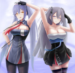 Rule 34 | 2girls, :d, archstreal, arm up, armpits, arms up, azur lane, bare shoulders, black dress, black gloves, black legwear, black ribbon, blue dress, blue eyes, blue gloves, blue hair, braid, breasts, character name, cleavage, cleavage cutout, closed mouth, clothing cutout, collarbone, collared dress, commentary, cowboy shot, dress, english commentary, essex (azur lane), eyebrows hidden by hair, french braid, gloves, grey hair, hair between eyes, hair ornament, hair ribbon, hand on own hip, highres, intrepid (azur lane), large breasts, long hair, looking at another, mole, mole on breast, multiple girls, necktie, no cape, open mouth, pantyhose, partially fingerless gloves, red neckwear, revision, ribbon, sidelocks, sleeveless, sleeveless dress, smile, standing, strap, strapless, strapless dress, thighhighs, twintails, underbust, very long hair, yellow eyes, zettai ryouiki