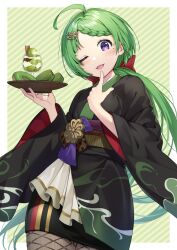 Rule 34 | 1girl, :3, ahoge, black kimono, bon (bonbon315), commentary request, cowboy shot, doughnut, finger to mouth, fishnet pantyhose, fishnets, food, green hair, green theme, highres, holding, holding tray, ice cream, japanese clothes, kimono, long hair, looking at viewer, one eye closed, open mouth, original, pantyhose, purple eyes, short kimono, solo, striped background, sundae, tray, wide sleeves