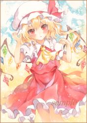Rule 34 | 1girl, :&lt;, ascot, bad id, bad pixiv id, blonde hair, blush, border, colored pencil (medium), cowboy shot, flandre scarlet, frown, gradient background, hand on headwear, hat, hat ribbon, looking at viewer, marker (medium), mob cap, painting (medium), potto, potto (minntochan), puffy short sleeves, puffy sleeves, red eyes, ribbon, sample watermark, short hair, short sleeves, side ponytail, skirt, skirt set, slit pupils, solo, touhou, traditional media, watercolor (medium), watermark, wings
