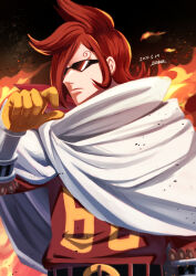 Rule 34 | 1boy, absurdres, belt, black belt, cloak, closed mouth, curly eyebrows, dated, embers, fire, frown, gloves, highres, long sleeves, male focus, noahzark12, one piece, red hair, red shirt, shirt, short hair, signature, solo, sunglasses, upper body, vinsmoke ichiji, white cloak, yellow gloves