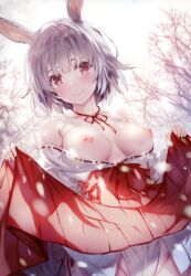 Rule 34 | 1girl, absurdres, animal ear fluff, animal ears, bare shoulders, blush, bow, bowtie, branch, breasts, closed mouth, collarbone, comic aun, day, fingernails, hakama, hakama skirt, highres, holding, japanese clothes, kimono, lifted by self, lips, looking at viewer, misaki kurehito, nipples, off shoulder, outdoors, rabbit ears, red eyes, red hakama, scan, short hair, simple background, skirt, small breasts, smile, snowing, white hair