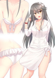 Rule 34 | 1girl, akahi242, alternate costume, ass, bikini, breasts, brown eyes, collarbone, frilled bikini, frills, front-tie bikini top, front-tie top, grey hair, hair ornament, hairband, hairclip, haruna (kancolle), highres, jacket, kantai collection, large breasts, long hair, multiple views, navel, official alternate costume, sarong, swimsuit, untied bikini, white bikini, white hairband, white jacket, white sarong