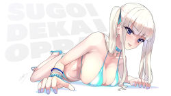 Rule 34 | 1girl, :p, bikini, blonde hair, blue bikini, blush, bracelet, breasts, choker, cleavage, commentary request, highres, jewelry, kaedeko (kaedelic), looking at viewer, lying, nail polish, on stomach, original, purple eyes, sandals, smile, solo, swimsuit, tongue, tongue out, twintails