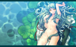 Rule 34 | 1girl, censored, convenient censoring, hair censor, hair over breasts, hip bones, lily pad, long hair, lying, miaoye, nude, oil-paper umbrella, on back, original, solo, umbrella, wallpaper, water, yellow eyes