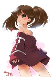 Rule 34 | 1girl, bare legs, bare shoulders, blush, brown eyes, brown hair, from below, highres, jewelry, kantai collection, long hair, looking back, magatama, mouth hold, necklace, no headwear, no headwear, off shoulder, ryuujou (kancolle), sleeves past wrists, smile, solo, taisinkoku, twintails