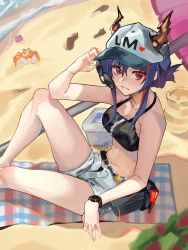 Rule 34 | 1girl, absurdres, animal, arknights, arm up, bare arms, bare shoulders, baseball cap, beach, beach umbrella, bikini, bikini under clothes, black bikini, blue hair, blush, breasts, ch&#039;en (arknights), ch&#039;en the holungday (arknights), closed mouth, collarbone, crab, dated, grey hat, grey shorts, hat, highres, holding, holding removed eyewear, horns, horns through headwear, koffre3, looking at viewer, looking to the side, medium breasts, multicolored hair, navel, nose blush, red eyes, red hair, sand, sand sculpture, short shorts, shorts, solo, streaked hair, sunglasses, swimsuit, twitter username, umbrella, unworn eyewear, watch, wristwatch