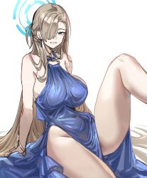 Rule 34 | 1girl, absurdly long hair, asuna (blue archive), blue archive, blue dress, blue eyes, bow (bhp), bracelet, breasts, dress, hair over one eye, halo, jewelry, large breasts, light brown hair, long hair, looking at viewer, no panties, o-ring dress, sitting, smile, solo, very long hair