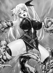 Rule 34 | 1girl, bdsm, blonde hair, bondage, bound, breasts, cameltoe, clitoral stimulation, crotch rub, cum, fate testarossa, hair ribbon, large breasts, monochrome, aged up, open mouth, ribbon, rindou (radical dream), skin tight, solo, tears, tentacles, twintails