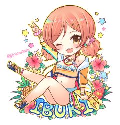 Rule 34 | 1girl, ;d, arm up, blue footwear, blue shorts, blush, boots, breasts, brown eyes, brown hair, character name, chibi, clothes writing, crop top, cropped jacket, flower, hair ornament, hairclip, idolmaster, idolmaster cinderella girls, jacket, komatsu ibuki, long sleeves, medium breasts, midriff, navel, one eye closed, open clothes, open jacket, open mouth, orange jacket, parted bangs, pocopoco, puffy long sleeves, puffy sleeves, red flower, round teeth, short shorts, short twintails, shorts, smile, solo, star (symbol), teeth, twintails, twitter username, upper teeth only