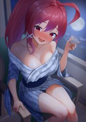 1girl ahoge alternate_costume bath_yukata blush breasts chair choko_(cup) cleavage cup dorachan_r hair_ribbon highres holding holding_cup i-168_(kancolle) japanese_clothes kantai_collection kimono large_breasts long_hair looking_at_viewer moon night nose_blush off_shoulder open_mouth ponytail red_eyes red_hair ribbon sitting solo window yukata