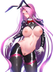 Rule 34 | 1girl, animal ears, black jacket, black thighhighs, blindfold, blush, bow, bowtie, breasts, closed mouth, cropped jacket, facial mark, fate/stay night, fate (series), female focus, female pubic hair, fishnet legwear, fishnets, forehead, forehead mark, gloves, highres, jacket, large breasts, long hair, long sleeves, looking at viewer, matching hair/eyes, medusa (fate), medusa (rider) (fate), meme attire, minami koyogi, navel, nipples, pubic hair, purple eyes, purple hair, rabbit ears, red bow, revealing clothes, reverse bunnysuit, reverse outfit, shrug (clothing), simple background, solo, thighhighs, thighs, very long hair, white background, white gloves