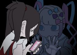Rule 34 | 2girls, ame-chan (needy girl overdose), black background, black eyes, black hair, blue eyes, blue hair, bow, cellphone, chouzetsusaikawa tenshi-chan, commentary request, dual persona, explosion psycho, grey hair, hair bow, highres, holding, holding phone, long hair, looking at another, medium hair, multiple girls, multiple hair bows, needy girl overdose, phone, pink hair, school uniform, serafuku, simple background, sketch, smartphone, twintails, upper body, very long hair