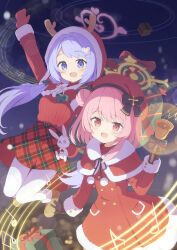 Rule 34 | 2girls, bell, black gloves, blue archive, gloves, hanae (blue archive), hanae (christmas) (blue archive), highres, multiple girls, pantyhose, pink eyes, pink hair, purple eyes, purple hair, red gloves, santa costume, serina (blue archive), serina (christmas) (blue archive), tyakomis, white pantyhose