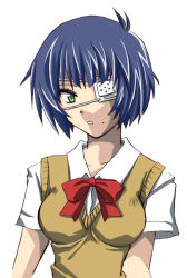 Rule 34 | 00s, 1girl, blue hair, bow, bowtie, collarbone, eyepatch, green eyes, ikkitousen, looking at viewer, mole, mole under mouth, red bow, ryomou shimei, school uniform, serafuku, short hair, simple background, solo, upper body, white background