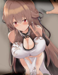 Rule 34 | 1girl, absurdres, azur lane, bare shoulders, black ribbon, blush, braid, breasts, brown hair, china dress, chinese clothes, cleavage, commentary request, dress, french braid, hair ribbon, highres, kabedon, large breasts, long hair, mole, mole under mouth, red eyes, ribbon, sleeveless, sleeveless dress, sweat, swiftsure (azur lane), swiftsure (beauty of white jade) (azur lane), tonchinkan
